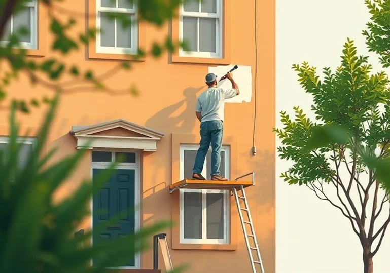 Peintre sur échafaudage traitant la façade d'une maison