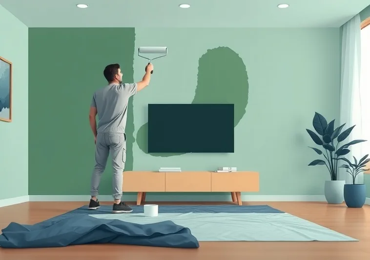 Peintre appliquant la peinture au rouleau sur un mur de salon